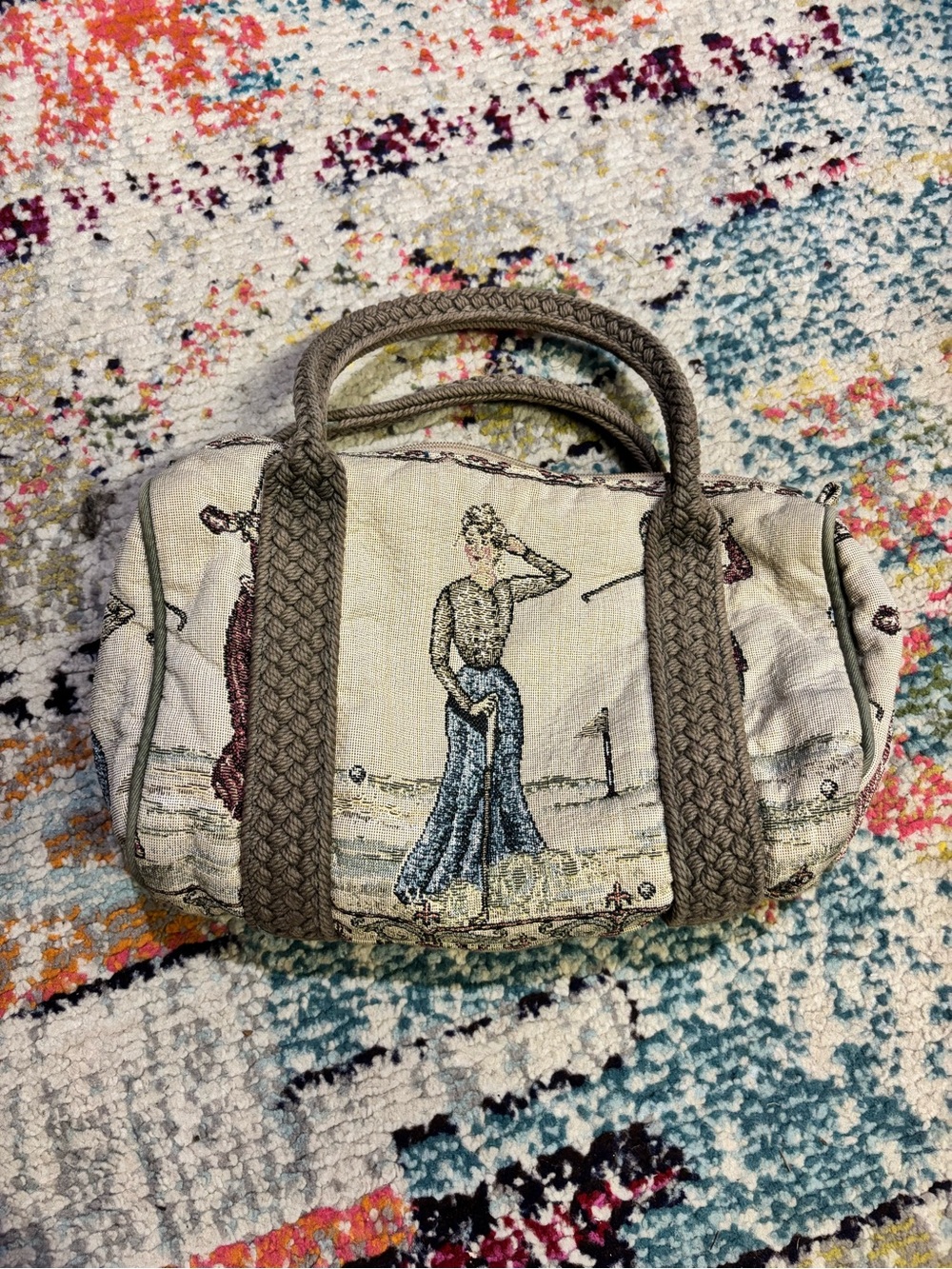 Tapestry Mini Satchel in Beige with Braided Taupe Handles
